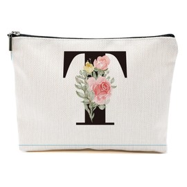 Rose Letter Initial T Makeup Bags for Women Lined Monogram Cosmetic Bag with Zipper Birthday Gifts for Women Girls Bridesmaid Best Friends Sisters, Travel Toiletry Bag, Wedding Gifts
