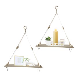 Velistro Macrame Hanging Shelves Boho Wall Decor Set of 2, Home Wall Decor, Wood Floating Storage Shelf for Bedroom Bathroom Living Room Nursery Dorm Room, Wall-mounted Hanging Display Shelving