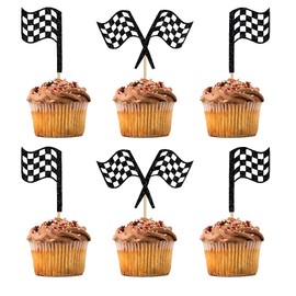BIABISD 12 Pcs Racing Flag Cupcake topper，Racing Flag Finish Line Cupcake Toppers，Racing Flag Finish Line Birthday Party Supplies
