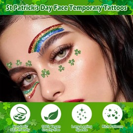 Yosca 6Pcs St Patricks Day Temporary Tattoos, Green Clover Face Stickers for St. Patrick's Day Glitter Makeup, Self Adhesive Shamrock Face Tattoos Art Sticker for Parade Irish Party Rave Accessories