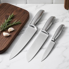 FONGDANLAITE 3PC Kitchen Knife Set for Beginners – 8 Inch Chef, 7 Inch Santoku, 5 Inch Utility – Full Tang High Carbon Stainless Steel with Hammered Handle – Entry Level Professional Knives for Cooks