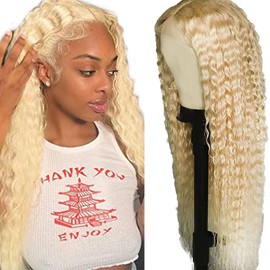 Weeybay 4x4 Curly 100% Unprocessed Lace Front Wigs #613 Blonde 8A Glueless Human Hair Wig 180% Density Blonde Color for Women 20 Inch