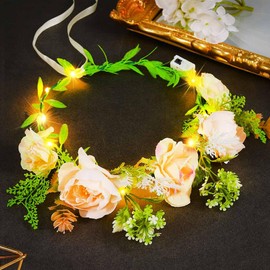 Atigy Light UP Flower Wreath Headband LED Garland Crown Festival Hair Accessories for Women (Champagne, One Size)