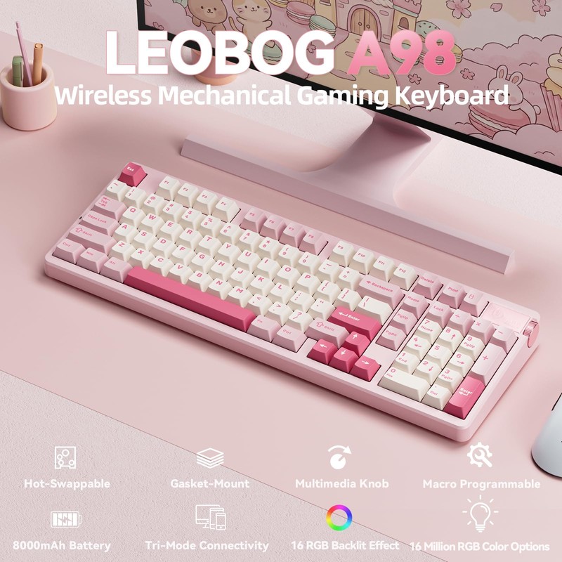LEOBOG A98 Wireless Mechanical Keyboard, Tri-Mode BT5.0/2.4GHz/USB-C, Creamy Keyboard with
