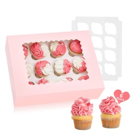 12 Holes Cupcake Transport Box, Muffin Transport Box, Cupcake Box with Transparent Window, Bakery Boxes for Cupcake Carrier, Cupcake Containers (6 Pieces, Pink)