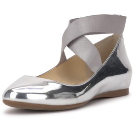 Jessica Simpson Mandayss Women's Pull-On Criss-Cross Ankle Ballet Flats Shoes, Silver, 5