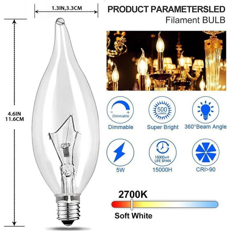 Wuluretoos 12- Pack E12 Candle Light Bulbs,60W Candelabra Light Bulbs,