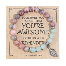 Ouubuuy Healing Crystal Bracelet for Women Birthday Gift,Tree of Life Pendant 8mm Natural Pink Zebra Jade Stone Gemstone Crystal Bead Bracelet for Women