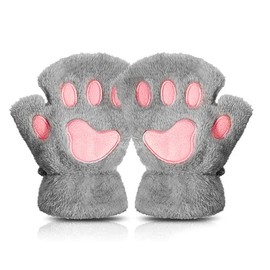 AffeGifts Cat Paw Gloves, Plush Fingerless Gloves Cute Half Finger Warm Winter Gloves Cat Cosplay Gloves for Women and Teenage girls (Grey, M)
