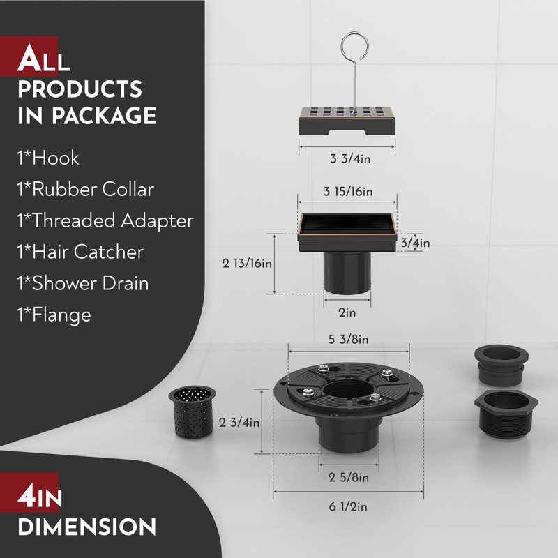 WEBANG 4 Inch Square Shower Drain Bronze Floor Drain with