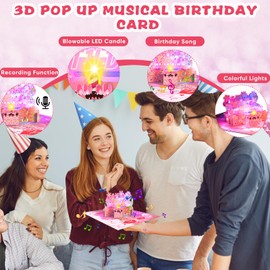Yee hfafa 3D Pop Up Musical Birthday Cards - Recordable & Colorful LED Lights Singing Happy Birthday Cards with Blowable Birthday Candle, Greeting Cards Gifts for Women Sister Mom Wife Friends, Pink
