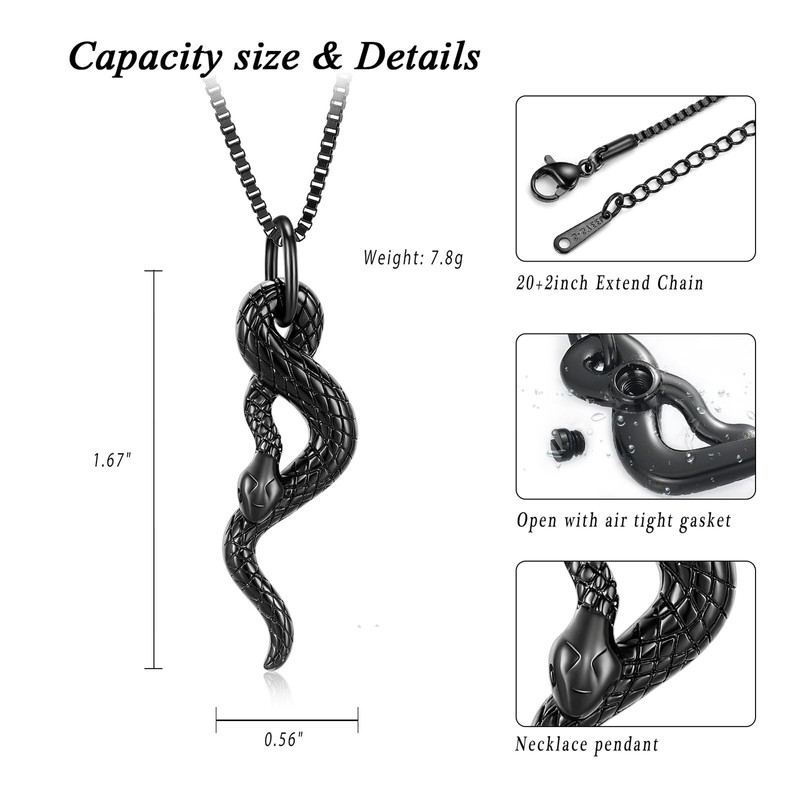XSMZB Cremation Jewelry Snake Urn Necklace for Ashes Stainless Steel