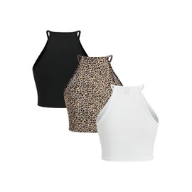 GORGLITTER Crop Tops Women's Set of 3 Summer Halterneck Top Set Tank Tops Women Leo Top Strappy Top Crop Tops, White multi-coloured, S