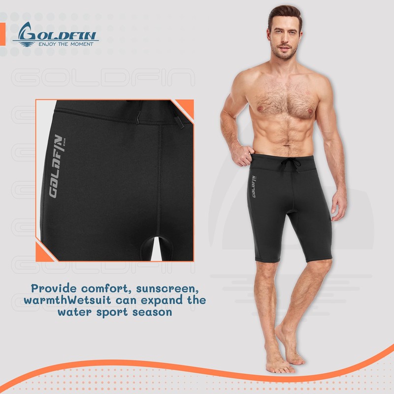 GoldFin Men Wetsuit Shorts, Neoprene 2mm Adjustable Drawstring Short Cold