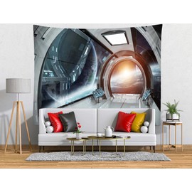 Loccor 8x6ft Fabric Space Ship Backdrop Solar Earth Galaxy Themed Outer Space Photography Tapestry Kids Offices Baby Shower Birthday Party Banner Decoration Space Background Photo Booth Props
