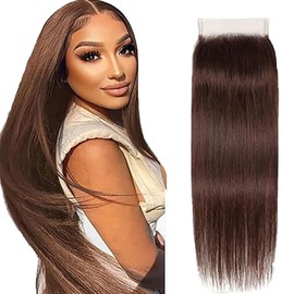 Tuheerst Lace Frontal Closure 4x4 Lace Closure Human Hair Brown Closure Straight with Natural Hairline Brazilian Remy Hair No Smell No Tangle Hair for Woman 18 Inches