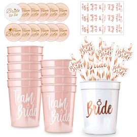 GothicBride Set of 12 JGA Mugs, Reusable Team Bride Cups + JGA Buttons + Straws + Tattoo Stickers, Stag Night Bachelorette Party Accessories, Women Bridal Shower