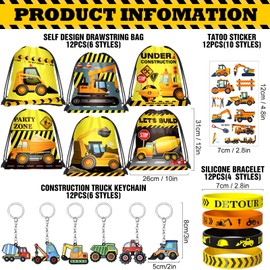 SNLN Construction Party Favors Birthday Supplies Construction Drawstring Bag Keychain Silicone Bracelet Tattoo Sticker Excavator Birthday Party Favor Goodie Bag Stuffers Fillers Classroom Rewards