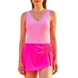 Jollkichay One Piece Swimsuit Tummy Control Swim Dress Slimming Bathing Suit with Skirt Ruched Swimsuits for Women Long Torso One Piece Swimdress Modest Womens Swimsuit with Skirt Pink 8-10