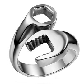 Flongo Men's Biker Stainless Steel Spanner Mechanic Wrench Tool Polished Ring Band, Size 11