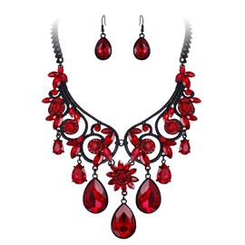 BriLove Women's Ethnic Tribal Rhinestone Crystal Chunky Statement Necklace Dangle Earrings Set Red Black-Toned