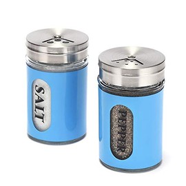 Salt and Pepper Shakers Stainless Steel and Glass Set with Adjustable Pour Holes (Blue)