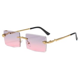 LJCZKA Rimless Rectangle Sunglasses for Women Men Retro Frameless Square Sun Glasses 90s Metal Frame Rectangular Festival Shades UV400 Protection (GoldGreyPink)