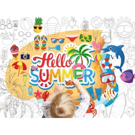 Whaline Hello Summer Giant Coloring Poster Beach Tropical Tree Fruit DIY Drawing Art Banner Coloring Paper Tablecloth for Boys Girls Classroom Home School Activity Party Supplies Favor, 31.4x43.3 Inch