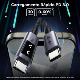 UGREEN Uno - Cable USB C a USB C de 100 W, cable de carga rápida tipo C con pantalla LED para iPhone 17/17 Air/17 Pro/17 Pro Max/16, MacBook Pro/Air, 