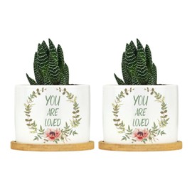 Evans1nism You are Loved Succulent Pots with Drainage Hole Ceramic Pots for Indoor Plants Set of 2 Red Floral Wreath Small Pots for Plants Spiritual Family Quote Pots for Home Garden Succulents