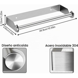 Portarrollos de Cocina de Pared, 28 cm, sin Agujeros, Soporte para Rollos de Papel de Acero Inoxidable, para Cocina y baño