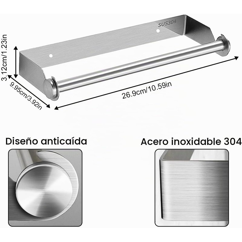 Portarrollos de Cocina de Pared, 28 cm, sin Agujeros, Soporte