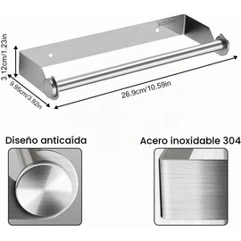 Portarrollos de Cocina de Pared, 28 cm, sin Agujeros, Soporte para Rollos de Papel de Acero Inoxidable, para Cocina y baño