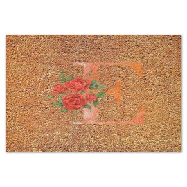 CustonCares Coir Fiber Door Mat Red Monogram Initial Letter E Floor Doormat Rectangular Peony Flower Orange Garland Entry Door Rugs Stain and Fade Resistant Pets Patio Home Décor Closing Gift 24x36in