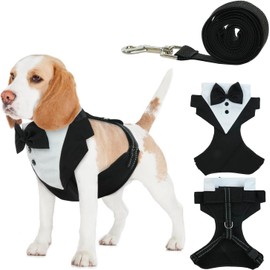 Dog Vest Tuxedo Harness with Leash Set, Adjustable Dog Harness Pull for Small Medium Big Dogs, Dog Wedding Attire Harness with Bow Tie, Comfort Padded Tuxedo Pet Walking Harness and Leash (Black, M)