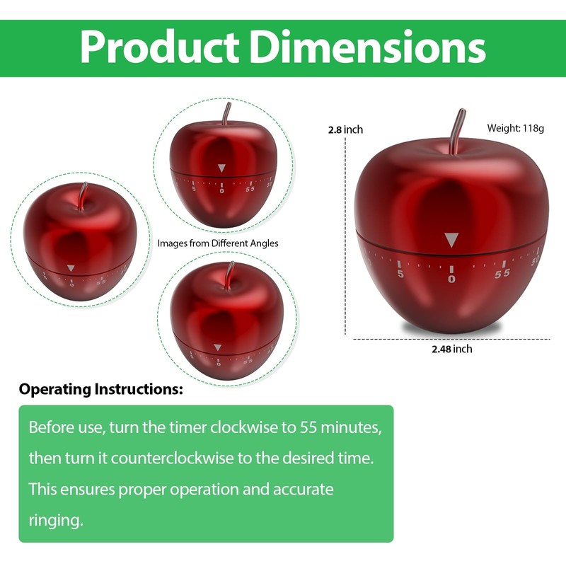 Mechincal Apple Timer，Kitchen Timer Stainless Steel Rotating Alarm 60 Minutes