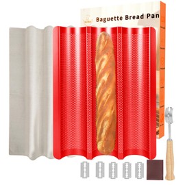 Barlket Baguette Bread Pan Set, French Bread Baking Pan Nonstick with Dough Couche & Cutter, 3-Wave Perforated Baguette Tray Red, 15x11 Inch, Thick Carbon Steel, Oven Safe for Home & Professional Use