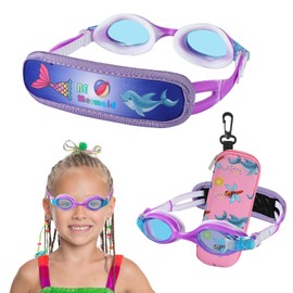 RUIGAO Swim Goggles For Kids 3-6, Toddler Swimming Goggles No Hair Pull, Kids Goggles with Case/Padded Fabric Strap (1PK - Purple Dolphin)