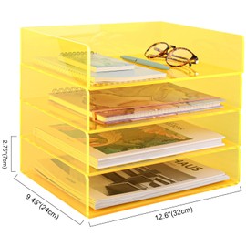Acrylic File Organizer for Desk 4 Tiered Stackable Letter Tray Office Paper Storage Desktop Document Sorter, Neon Yellow