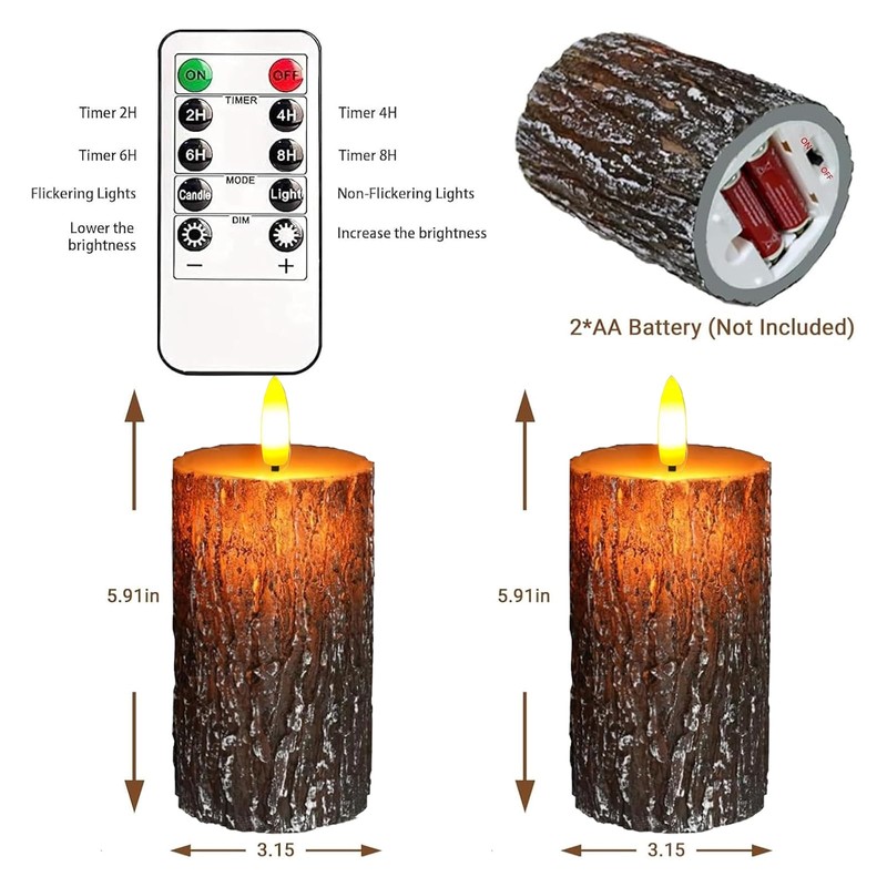 Flameless Candles Lights, Set of 2 6"x3" Pine Bark Flickering