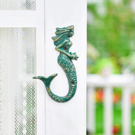 Sungmor Set of 2 Cast Iron Mermaid Wall Hooks – Vintage Towel Hanger, Nautical Ocean Theme Decor with Antique Teal Finish – Heavy Duty Decorative Coat Hooks for Beach House, Bathroom, or Entryway