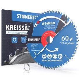 Circular Saw Blade 160 x 20 mm for Wood and Plastic - Saw Blade 60 Teeth, Bore 20 mm + Adapter Ring 16 mm - for Hand Circular Saw, Cordless Circular Saw & Table Saw