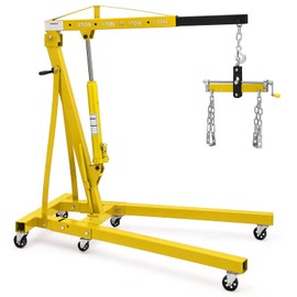 Engine Hoist Folding Cherry Picker 4400 Lb Capacity Heavy Duty Hydraulic Shop Crane with Telescoping Boom 6 Steel Caster Wheels for Automotive Repair Garage Use Includes Hitch and Storage Stand Yellow