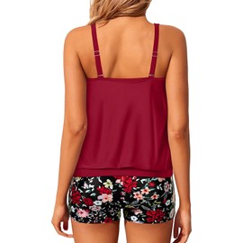 Tempt Me Red Floral Women Two Piece Tankini Swimsuits Blouson Modest Swim Top Boyshort Bathing Suits XL
