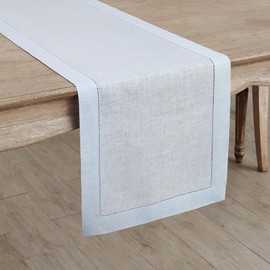 Solino Home Small Easter Table Runner 36 Inch - Classic Hemstitch 100% Pure Linen Light Blue Table Runner 14 x 36 Inch for Dresser and Coffee Tables