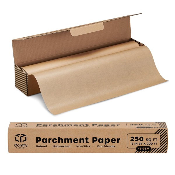 Comfy Package, Unbleached Parchment Paper for baking 15 in x 200 ft, 250 Sq.Ft, Non-Stick brown baking Paper, Parchment Paper Roll with Cutter for Air Fryer, Baking & Cooking - Kraft
