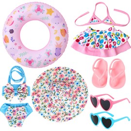 18 inch Doll Clothes and Accessories-2 Sets of Doll Swimsuit, 18” Doll Flip Flops Shoes, Hat, Swim Ring and 2 Pairs of Glasses Create American Doll's Summer Look 18in Doll Bikini Accessories