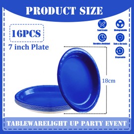 YAAVAAW 16Pc Blue Paper Plates Party Supplies,Kings Coronation Plates,7'' Round Dessert Dinner Luncheon Disposable Tableware Solid Color for Kings Decor