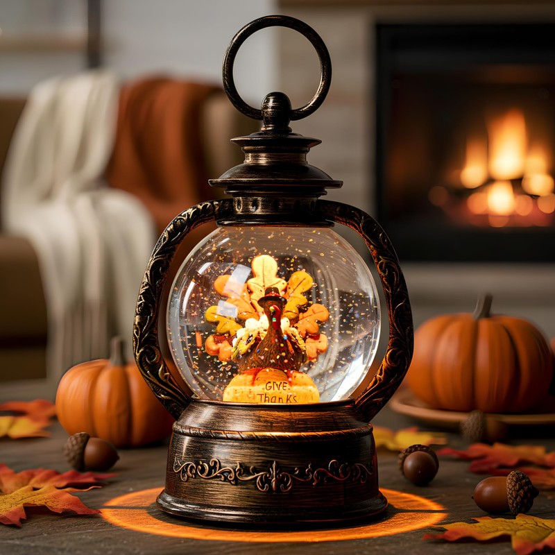Fall Snow Globe Lantern -Thanksgiving Turkey with Pumpkin Spinning Water