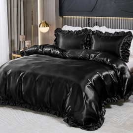 Guchuang Bedding Black Silk Ruffle Bedding Set Luxury Duvet Cover Double Size 3 Pieces Smooth Microfiber Quilt Cover with 2 Pillowcases 200x200cm